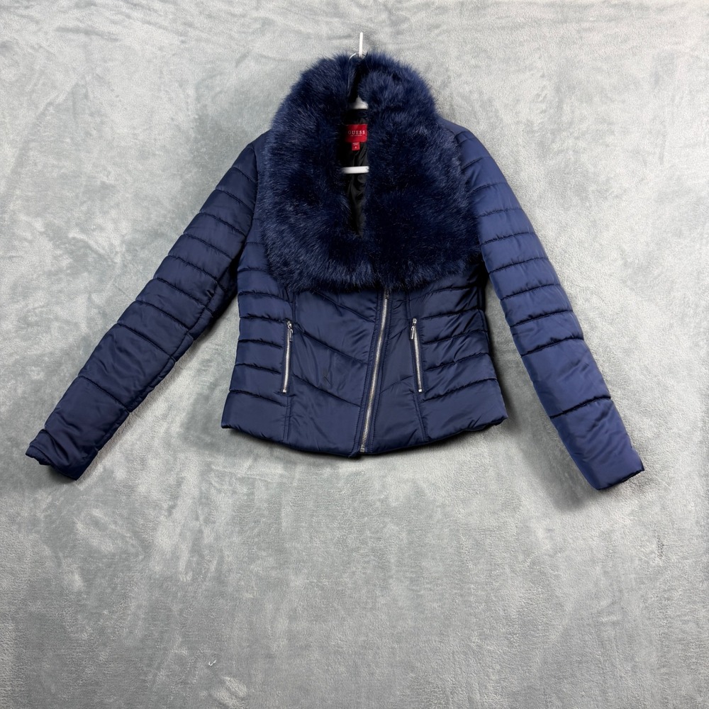 Guess Womens M Navy Blue Puffer Jacket Faux Fur Collar Quilted Moto Y2K McBling